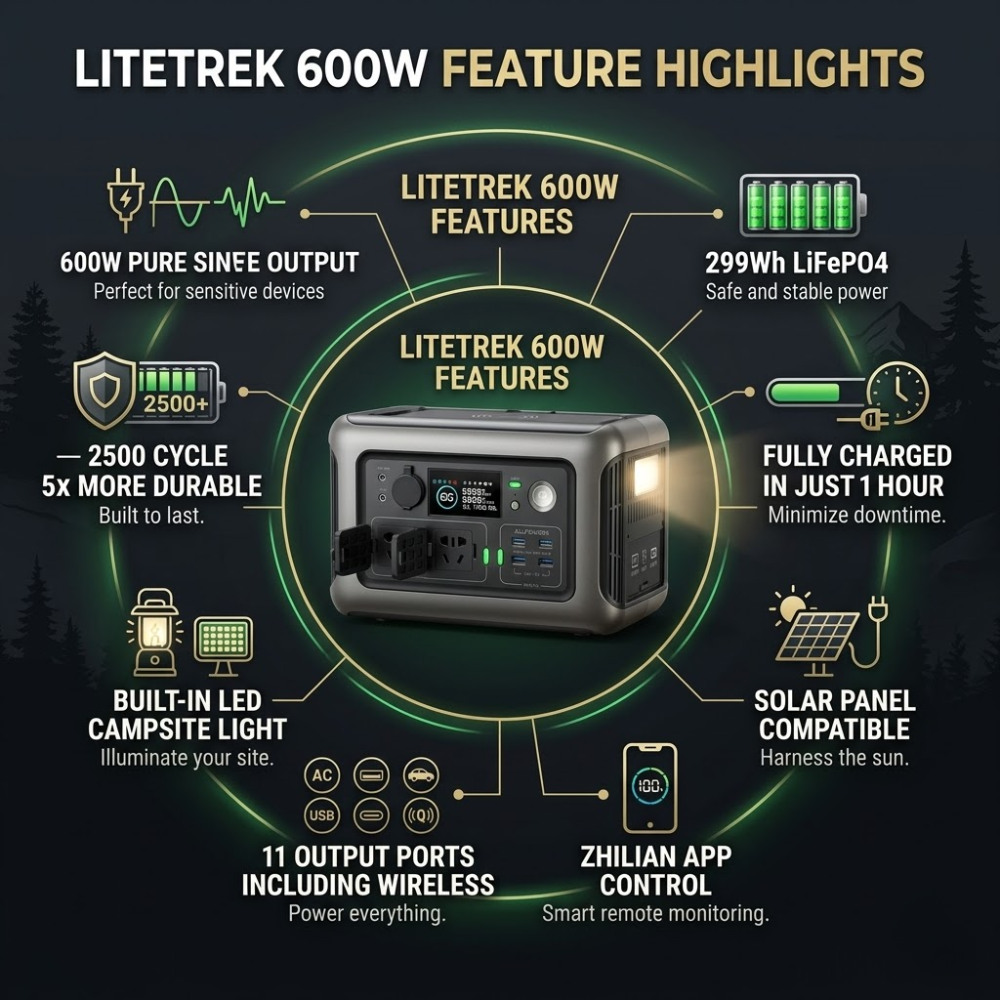 Soft Living LiteTrek 600W Portable Power Station - 299Wh LiFePO4 Solar Generator for Camping & Outdoors