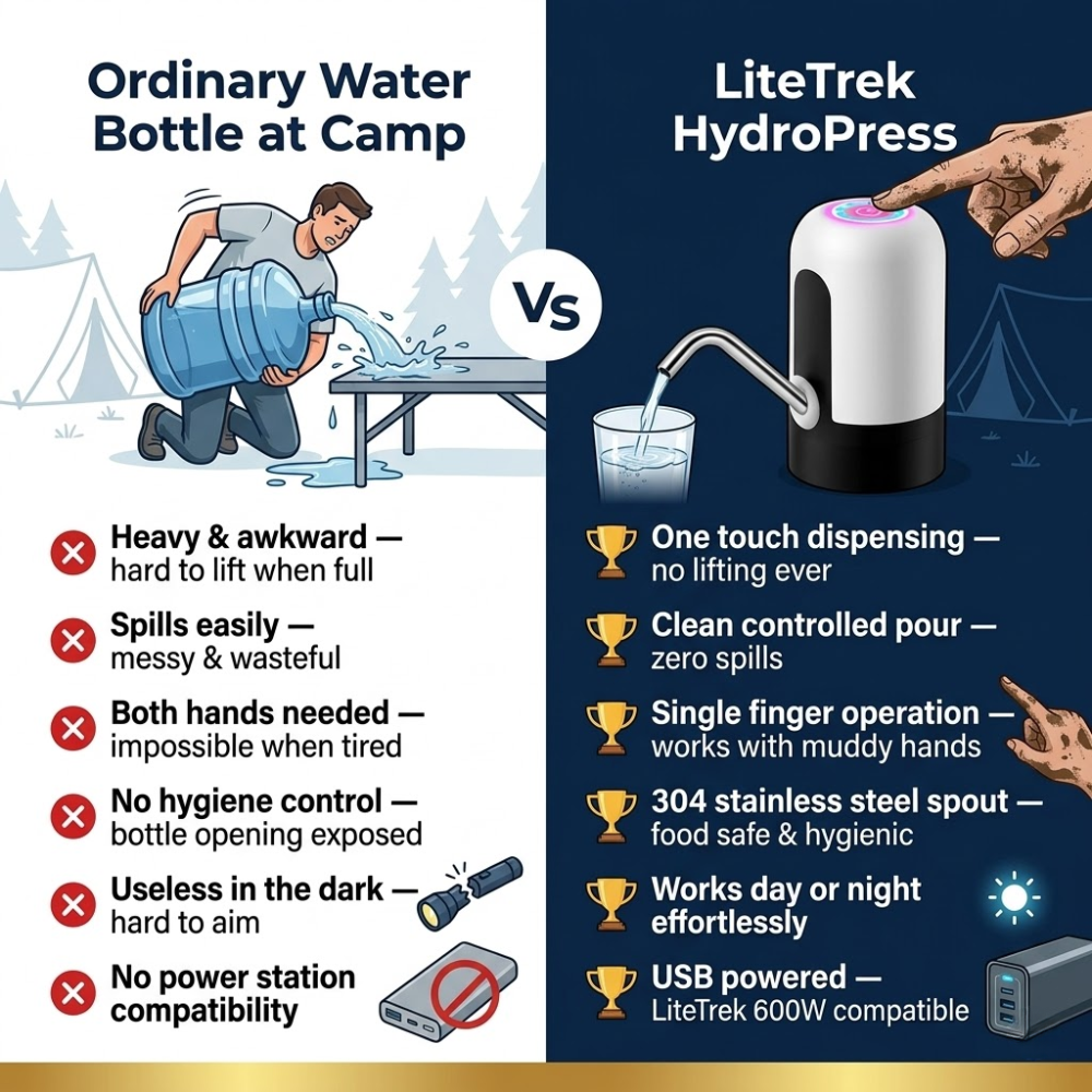 La LiteTrek HydroPress — De l'eau fraîche. Une seule touche. Partout.