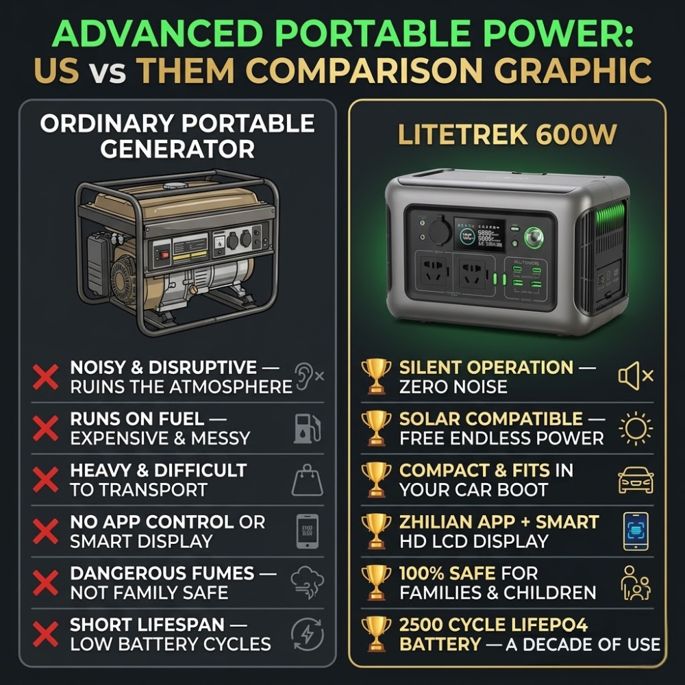 Soft Living LiteTrek 600W Portable Power Station - 299Wh LiFePO4 Solar Generator for Camping & Outdoors